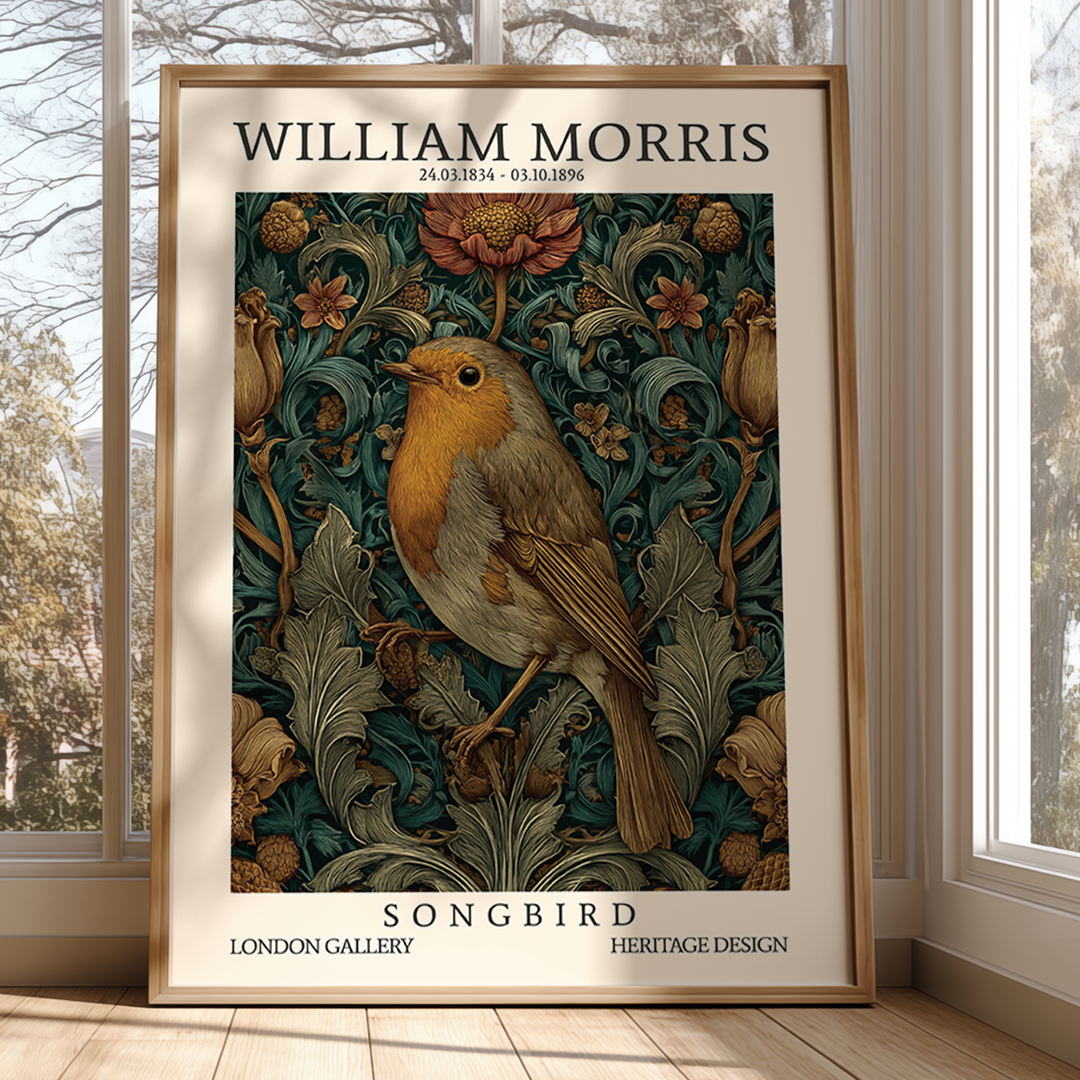 Framed artwork of a bird with decorative elements on a wall.