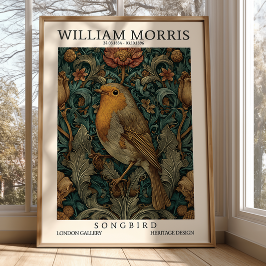 Framed artwork of a bird with decorative elements on a wall.