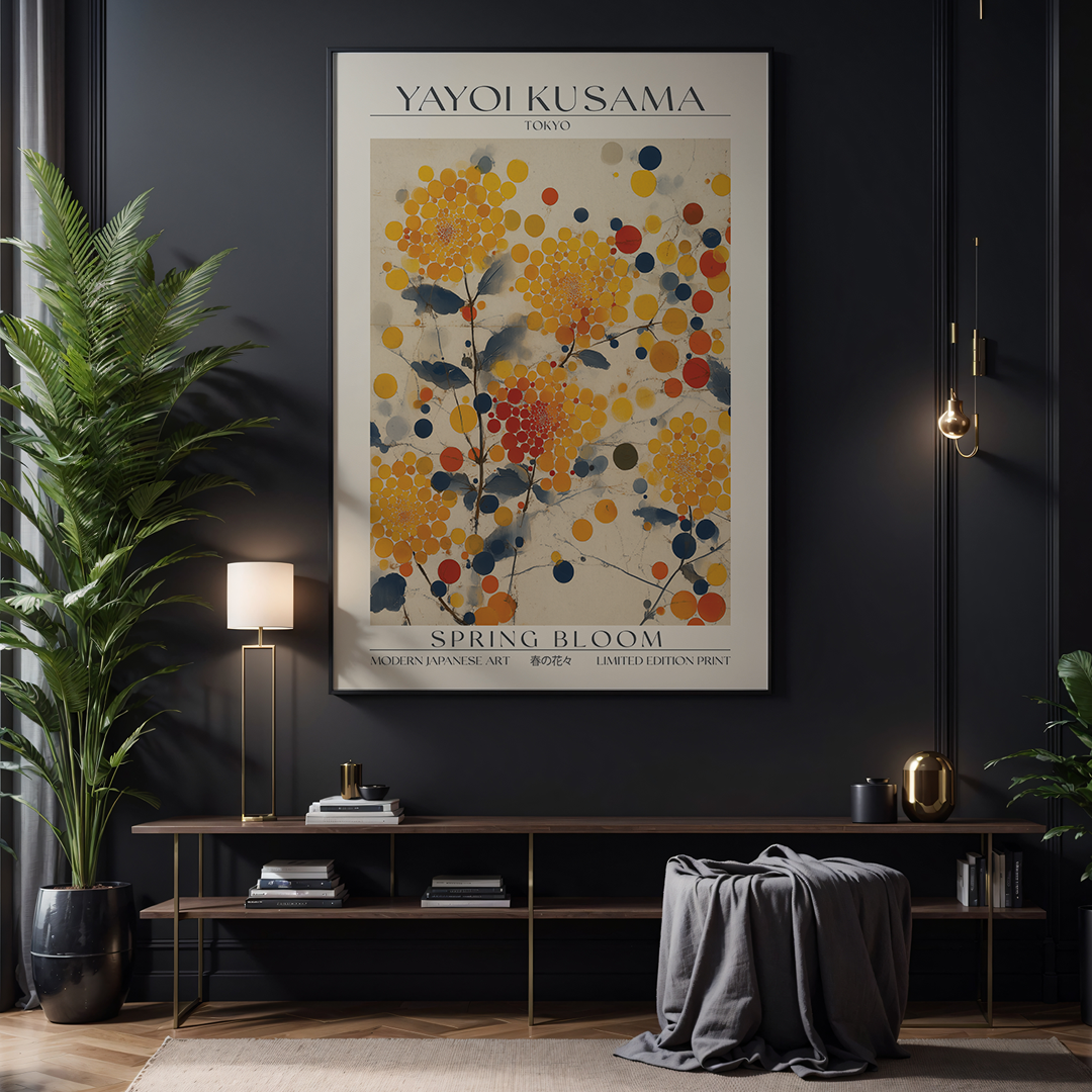 Poster of Yayoi Kusama's 'Spring Bloom' in a modern living room setting.
