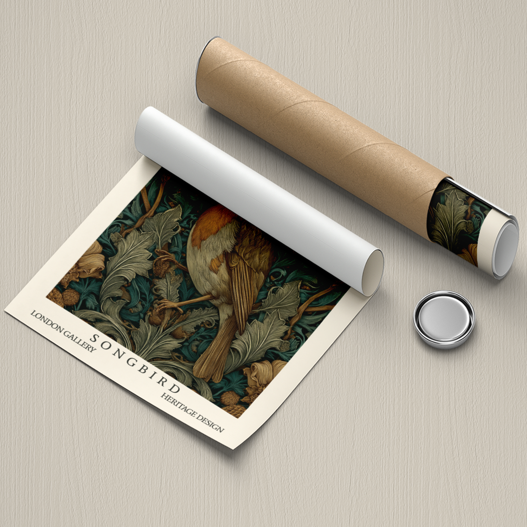 Art print titled 'Songbird' by London Gallery on a textured surface with a cylindrical object.