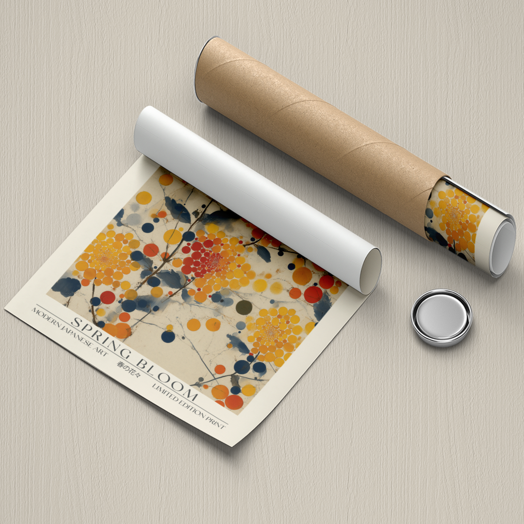 Framed Yayoi Kusama 'Spring Bloom' poster in a delivery tube