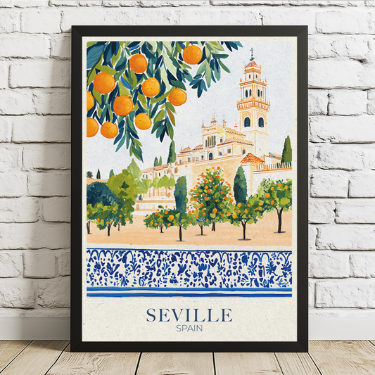 Framed artwork of Seville, Spain with oranges and a building on a white brick wall.