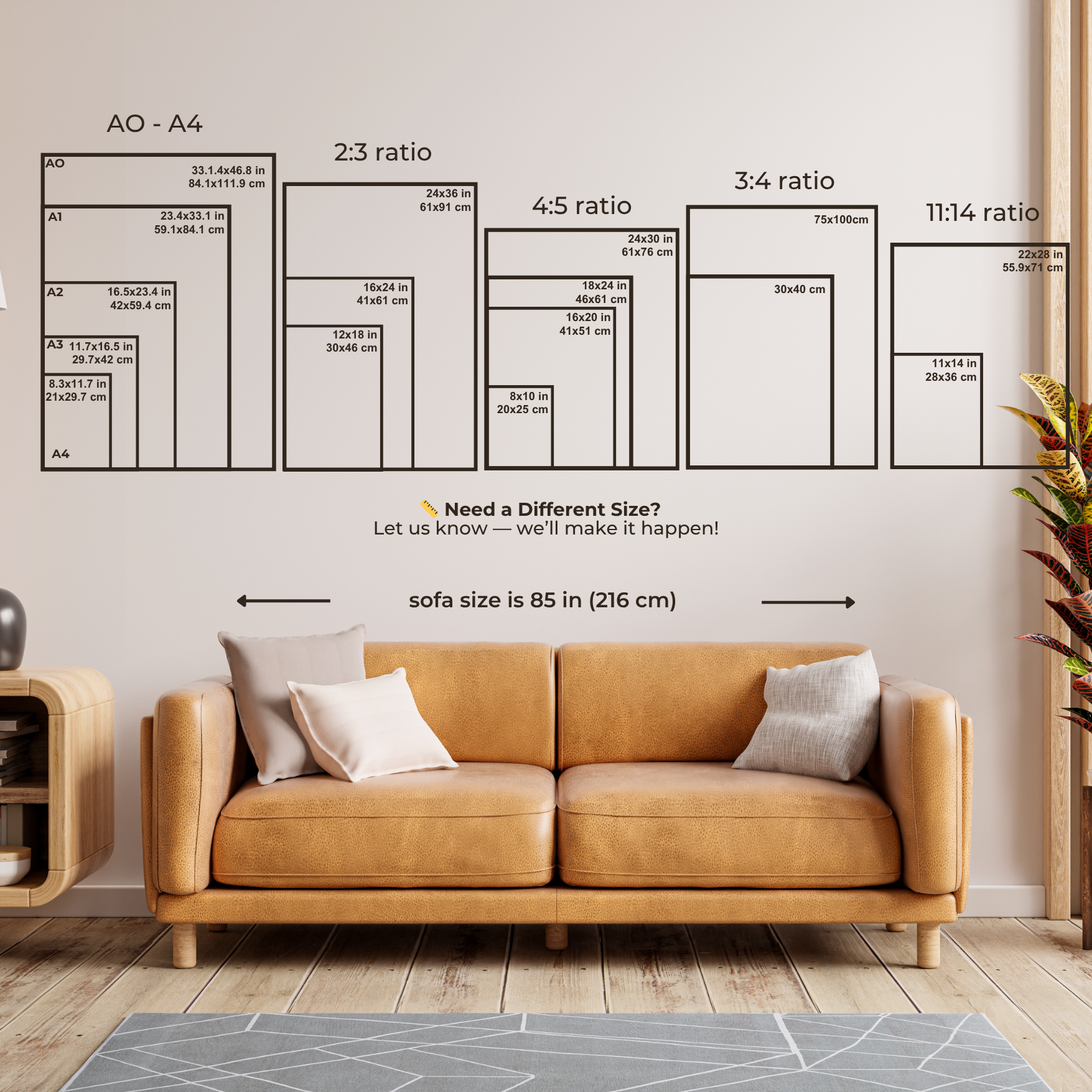 Brown sofa in a living room with size measurement charts on the wall.