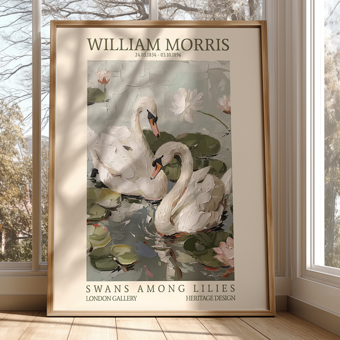 Framed artwork of swans among lilies by William Morris in a room with large windows.