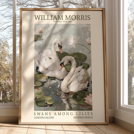 Framed artwork of swans among lilies by William Morris in a room with large windows.