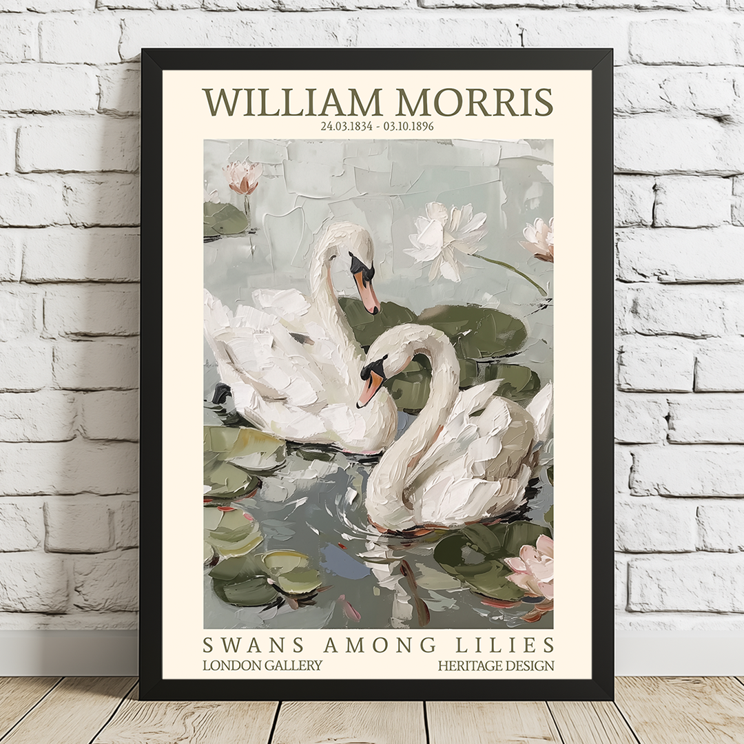 Framed artwork of swans among lilies with 'William Morris' text on a white brick wall.