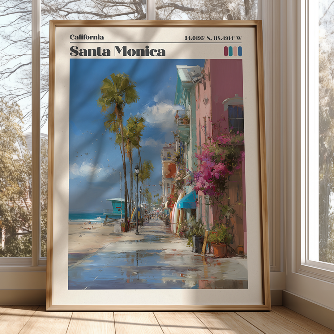 Framed artwork of Santa Monica with palm trees and beach scene.