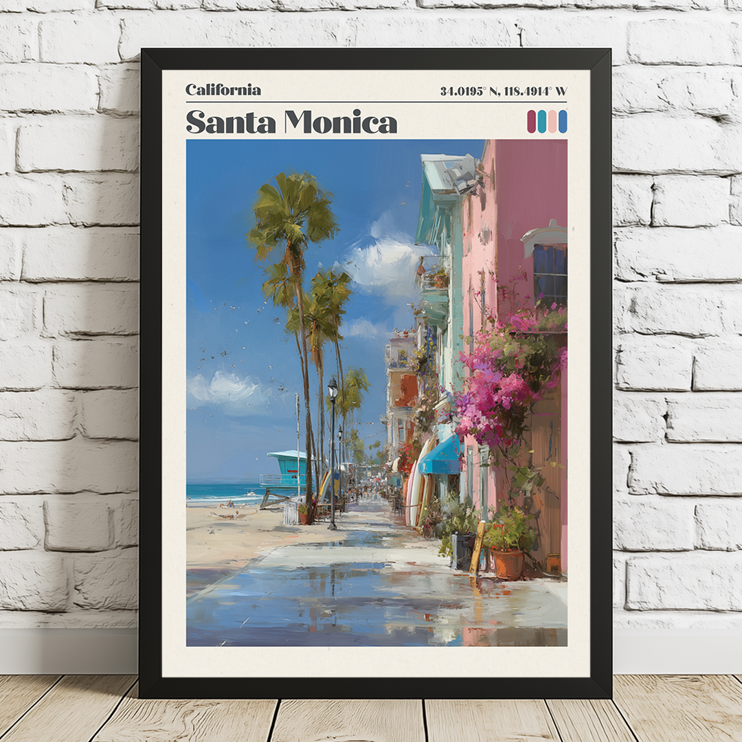 Framed artwork of Santa Monica beach with palm trees and colorful buildings.