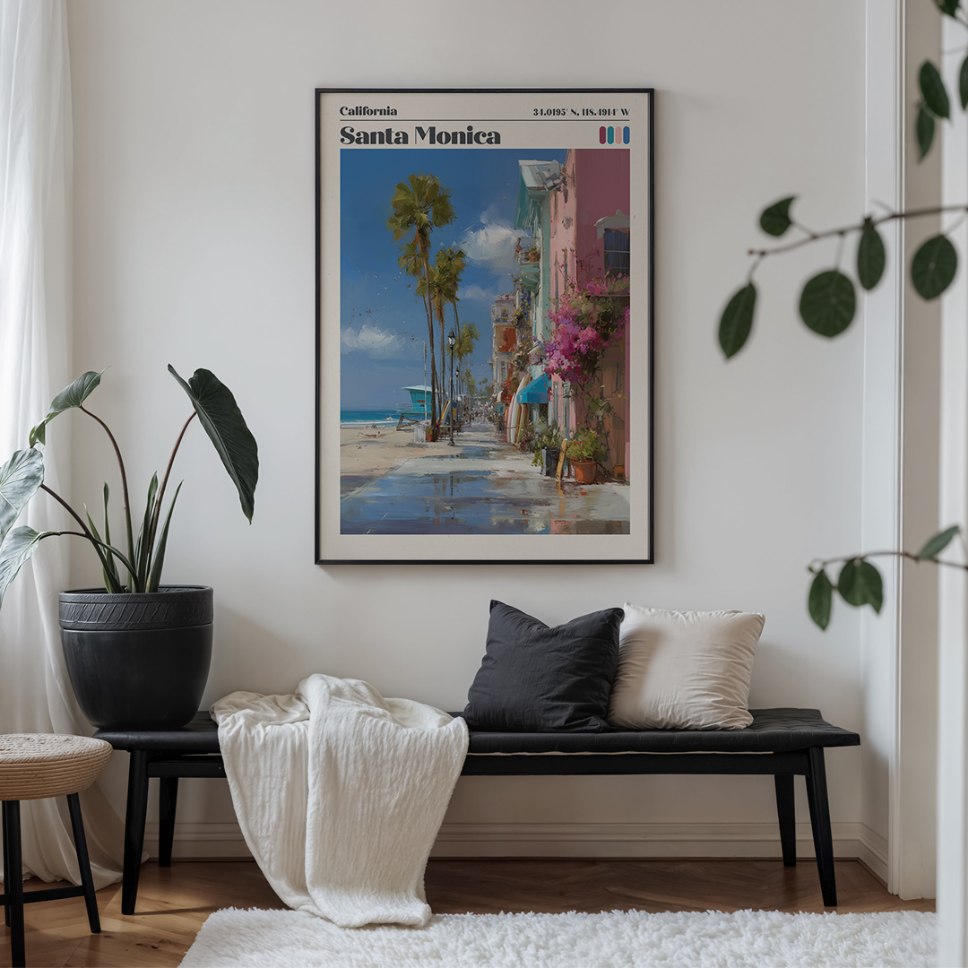 Living room with a bench, plant, and framed artwork of Santa Monica.