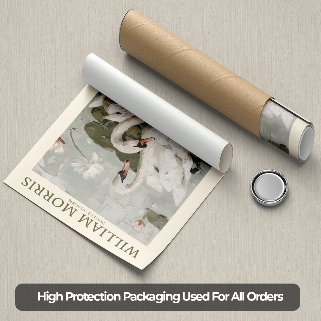 Rolled-up poster with swan design and protective packaging on a textured surface