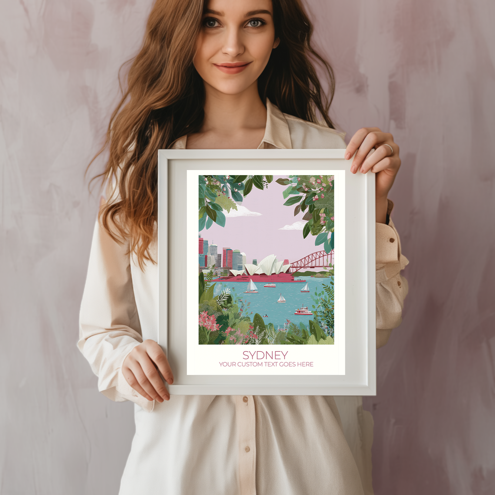 Woman holding a framed print of Sydney Harbour with a bridge and boats.