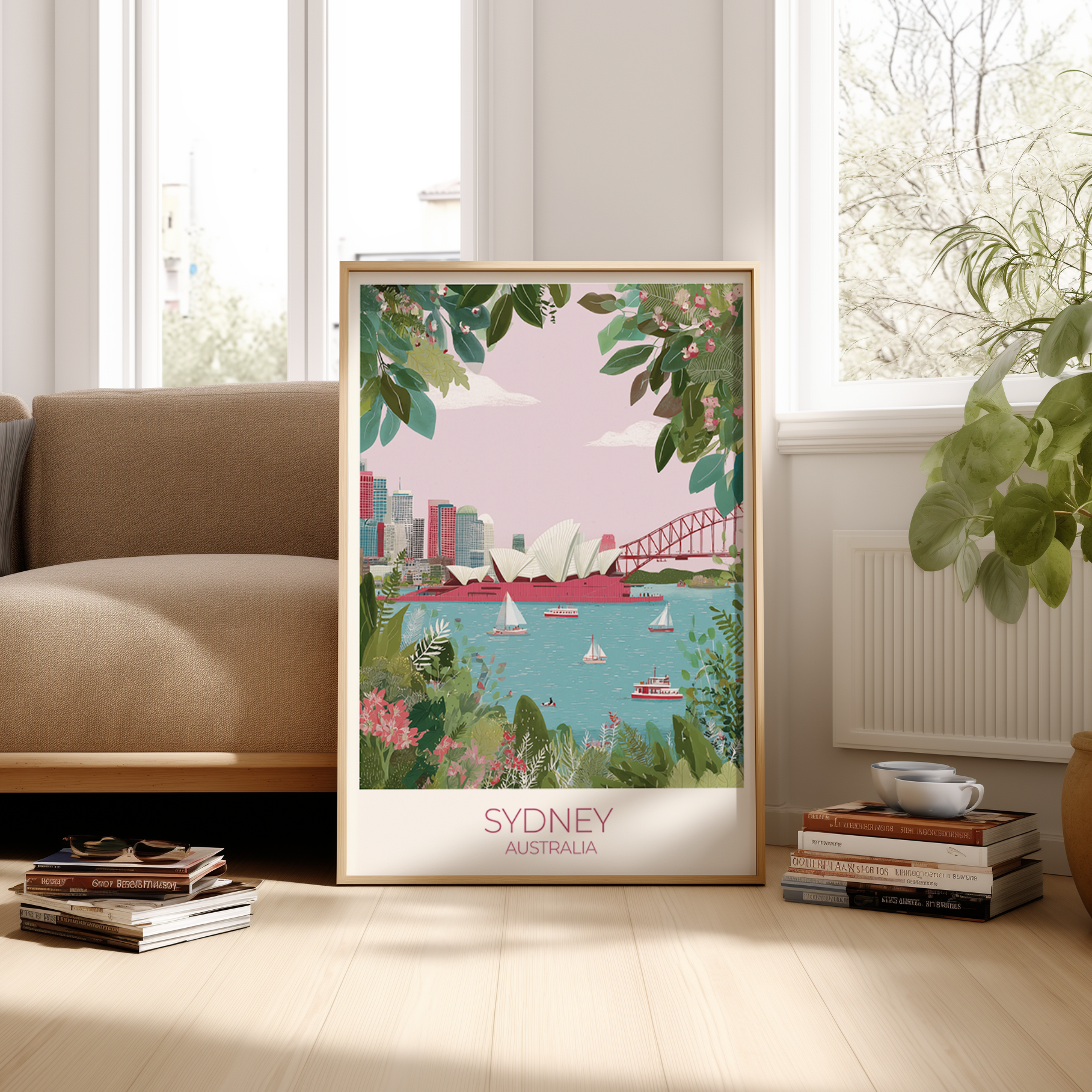 Framed artwork of Sydney, Australia in a living room setting.