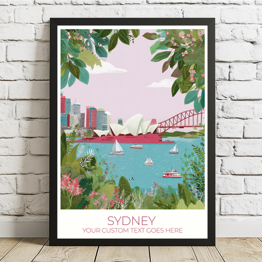 Framed artwork of Sydney with a cityscape and Opera House on a white brick wall.