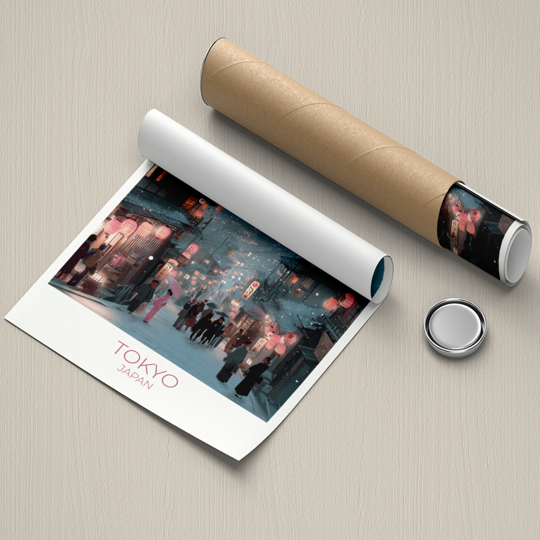 Roll of paper with a printed design of a cityscape and 'Tokyo Japan' text, next to a cylindrical object and a round metallic item on a beige surface.