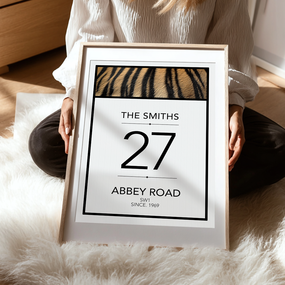 Person holding a framed print with 'The Smiths' and '27 Abbey Road' text on a fluffy surface.