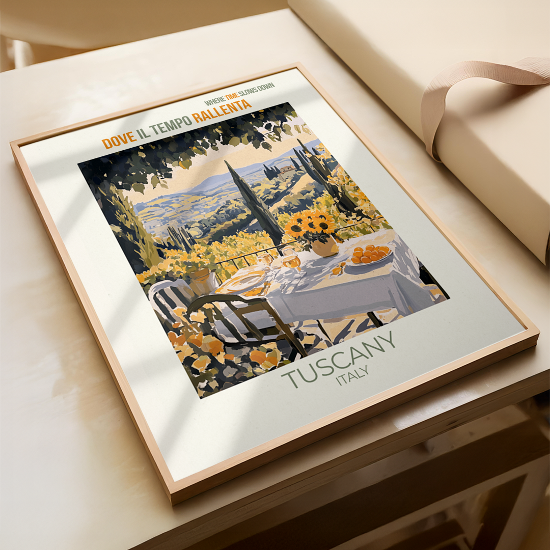 Framed artwork of Tuscany, Italy with a scenic landscape and flowers.