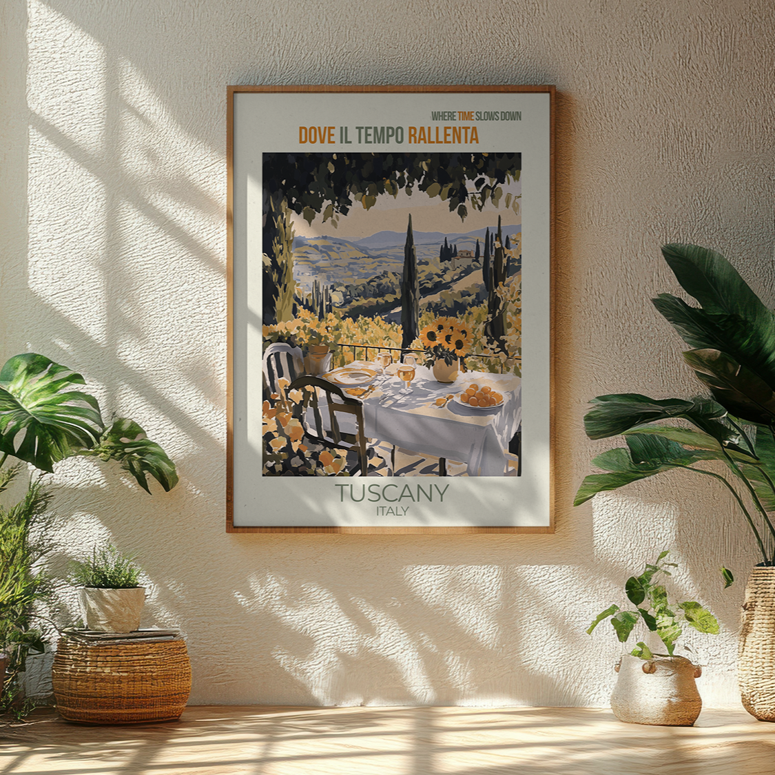 Poster of Tuscany on a wall with plants around