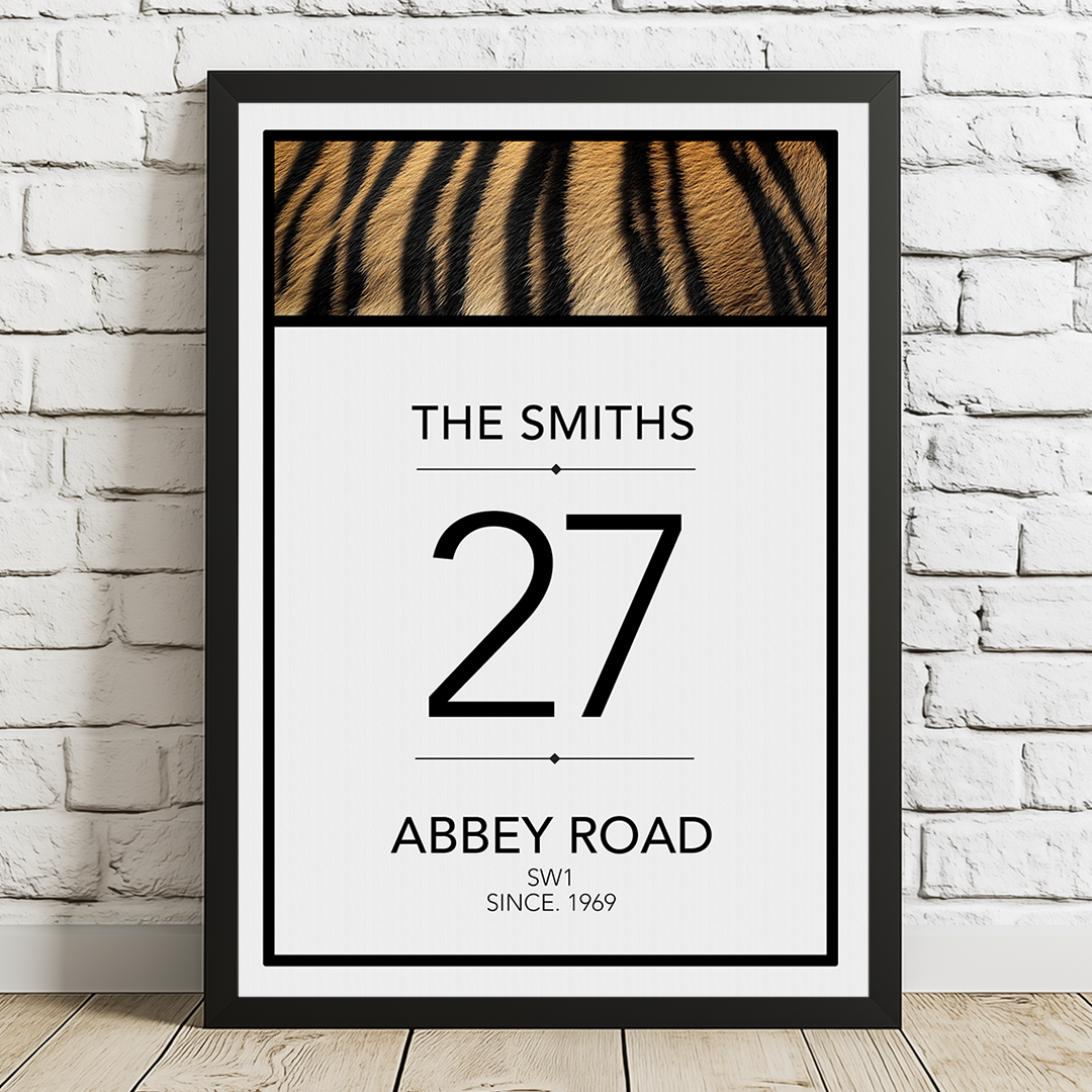 Framed print with 'The Smiths' and address '27 Abbey Road' on a white brick wall background.