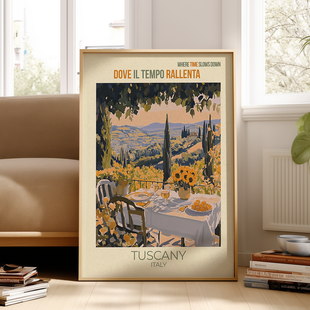 Framed artwork of Tuscany, Italy with a table setting and scenic view.