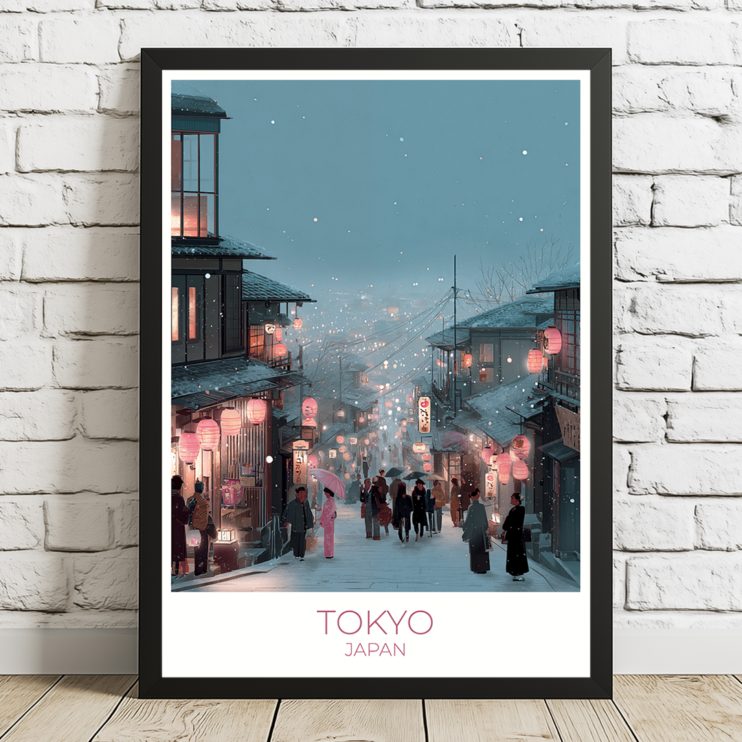 Framed artwork of a snowy street scene in Tokyo, Japan, with people walking and pink lanterns.