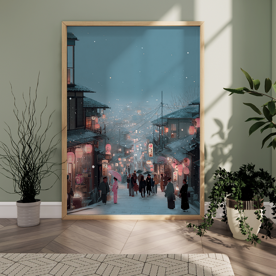 Framed artwork of a Japanese street scene with people and lanterns, placed on a wooden floor.