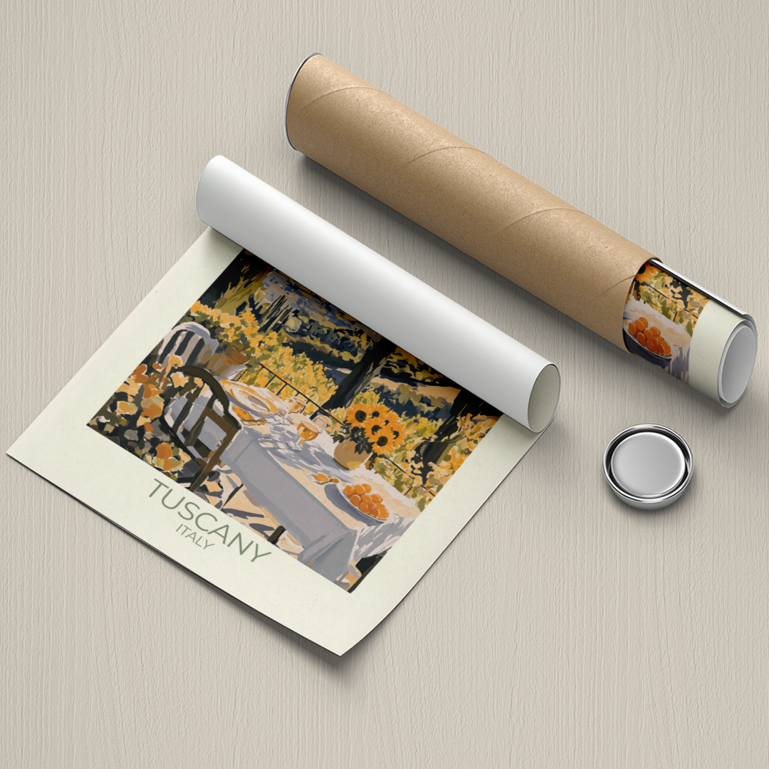 Roll of paper with a printed design of Tuscany, Italy, on a textured surface.