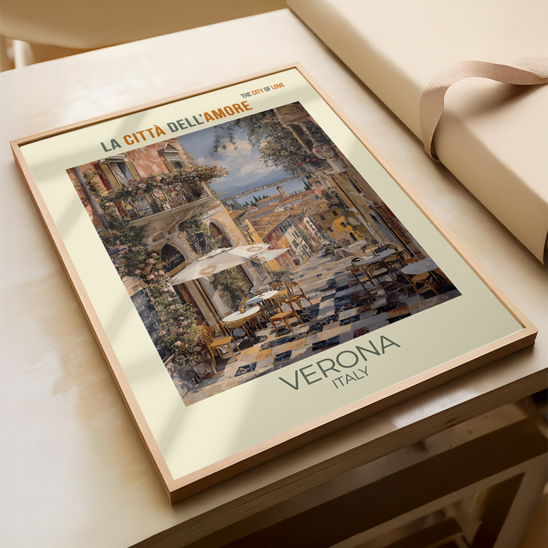 Framed artwork of Verona, Italy with text on a wooden surface
