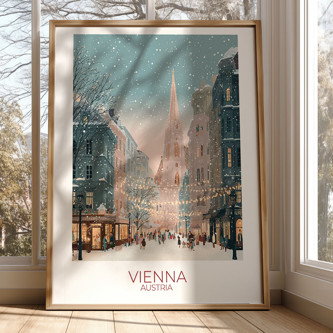 Framed artwork of a snowy Vienna street scene with 'Vienna Austria' text.