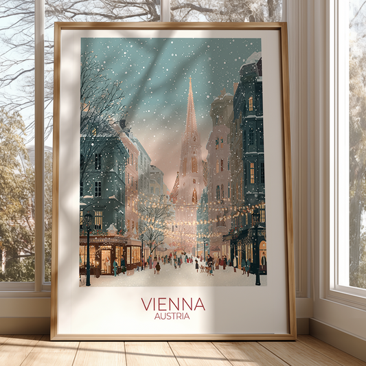 Framed artwork of a snowy Vienna street scene with 'Vienna Austria' text.