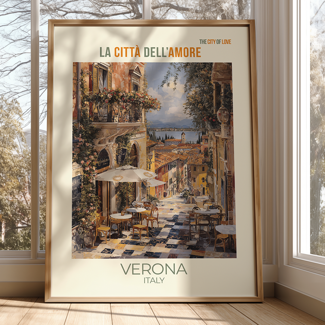 Framed artwork of Verona, Italy with a scenic street view and text.