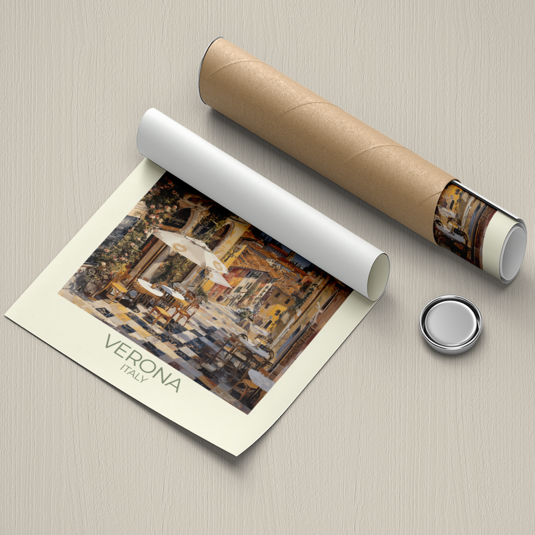 Rolled-up poster of Verona, Italy with a cylindrical object on a beige background