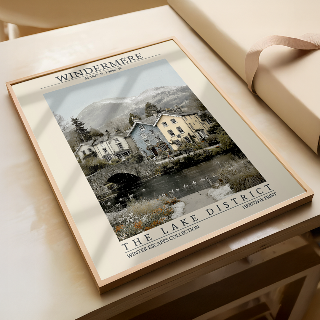 Framed print of a scenic village by a lake with 'Windermere' text, on a wooden surface.
