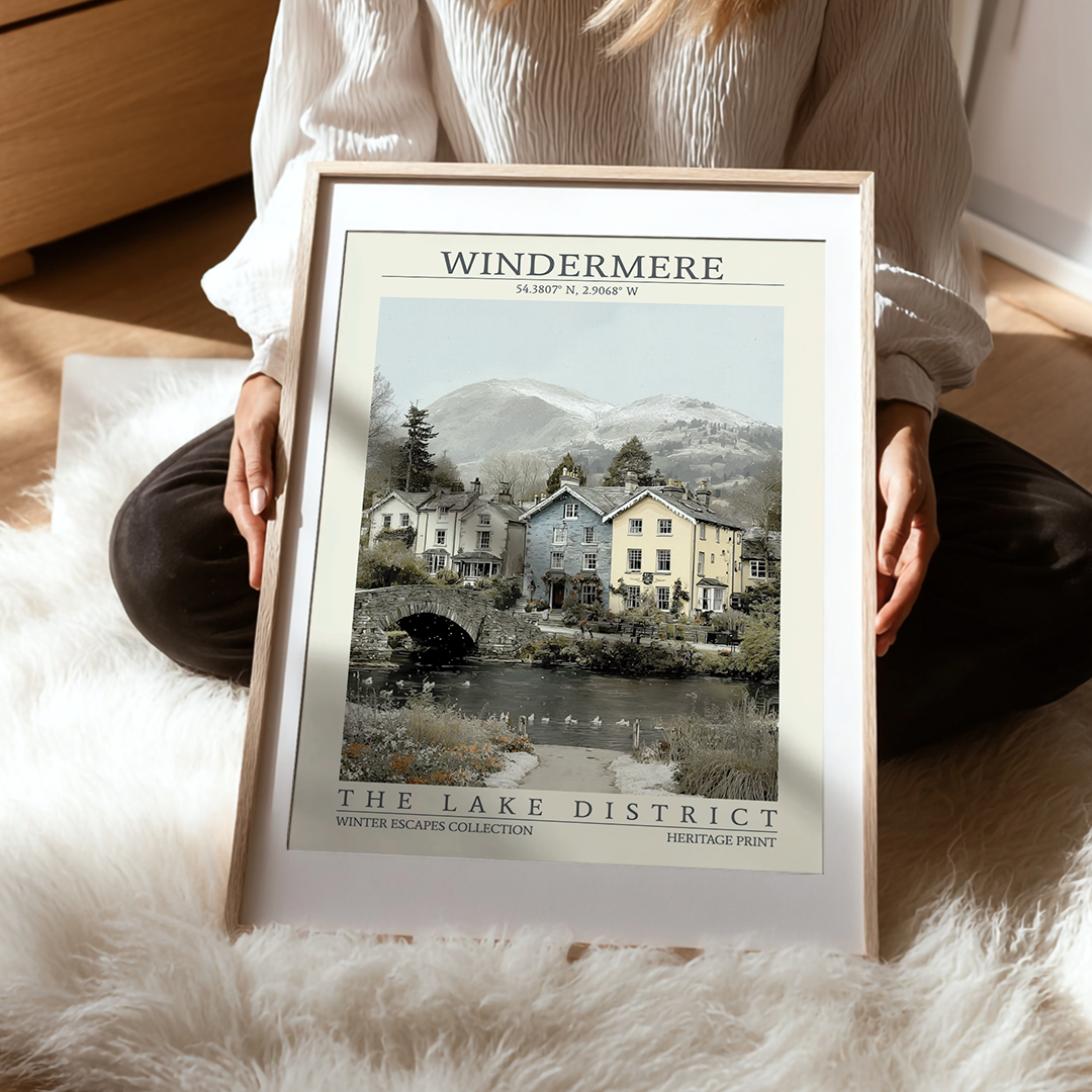 Person holding a framed print of Windermere in The Lake District