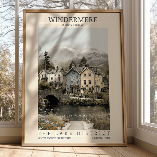 Framed poster of Windermere in The Lake District with a scenic view of houses and a lake.