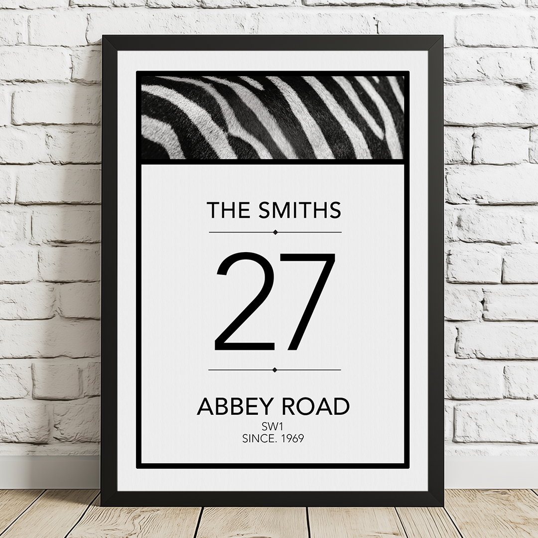Framed poster with 'The Smiths 27 Abbey Road SW1 Since 1969' design on a white brick wall.